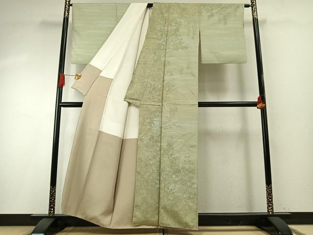 平和屋着物●石川県指定無形文化財 牛首紬 白山工房 手織り 草花文 正絹 逸品 AABH4941fy