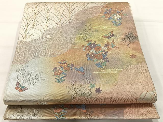 平和屋着物◎六通柄袋帯 草花文 金糸 正絹 逸品 AABH8690uk