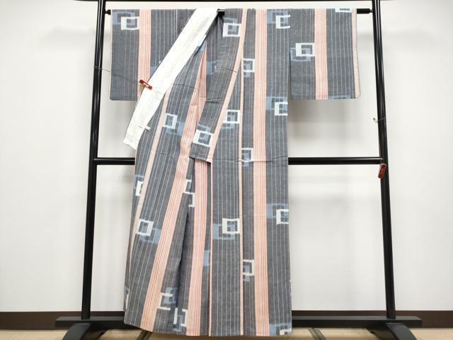 平和屋本店●希少 日本工芸会正会員 松枝哲哉 久留米絣 単衣 色紙重ね文 反端付き 綿 逸品 CYAA5022s6