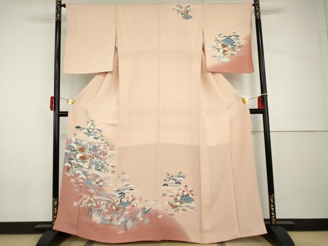 平和屋着物●訪問着 友禅 風景松竹梅文 暈し染め 鬼しぼ縮緬 正絹 逸品 AABH8882cs