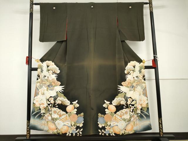 平和屋着物●アンティーク 大正ロマン 黒留袖 両褄 御所車飛鶴花文 正絹 逸品 AABH8875cs