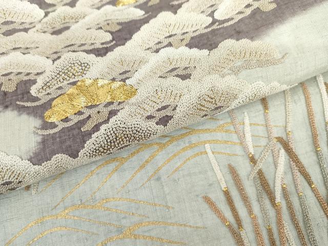 平和屋着物●訪問着 紬地 駒刺繍 中国三大刺繍 相良刺繍 立波松文 木賊 金彩 正絹 逸品 AABH8914cs