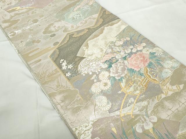 平和屋着物◎佐賀錦 両面 全通柄袋帯 唐織 慶長重ね 花車扇尽くし文 金銀糸 正絹 逸品 DABE0960qa