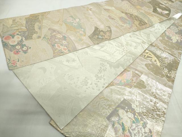 平和屋着物◎佐賀錦 両面 全通柄袋帯 唐織 慶長重ね 花車扇尽くし文 金銀糸 正絹 逸品 DABE0960qa