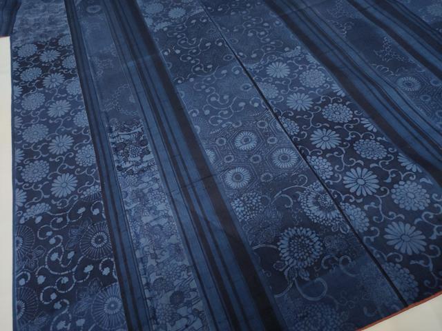 平和屋着物●上質な小紋 紬地 型染め 花間道 藍 正絹 逸品 AABH8840ck
