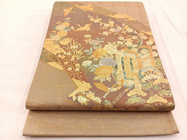 平和屋着物◎太鼓柄袋帯 御所車飛鶴花文 金彩 正絹 逸品 BAAX0936hv