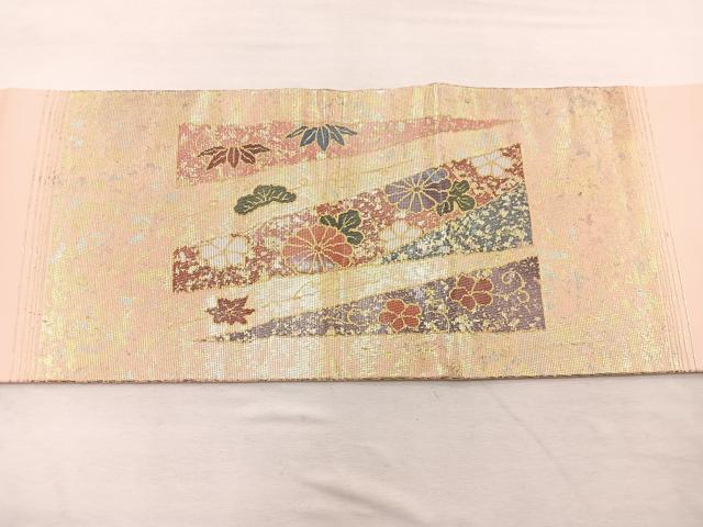 平和屋着物◎九寸名古屋帯 螺鈿箔 草花文 金銀彩 正絹 逸品 BAAX0965hv