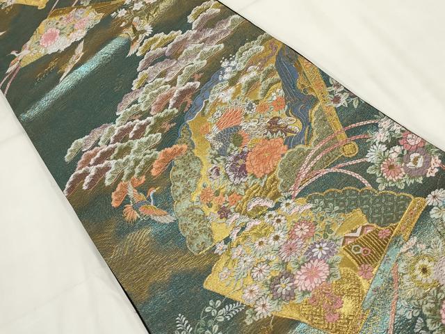 平和屋着物▼六通柄袋帯 扇面花鳥文 金糸 正絹 逸品 AABH7822wj