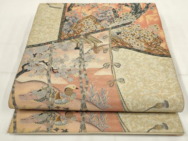 平和屋着物▼山喜織物謹製 萬葉 紹巴 全通柄袋帯 花鳥文 正絹 逸品 AABH7840wj
