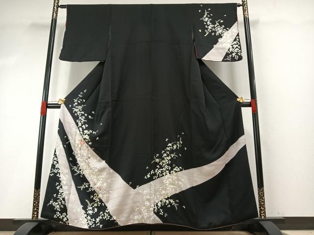 平和屋着物●訪問着 駒刺繍 枝花文 黒地 金糸 金銀彩 正絹 逸品 AABH4994fy
