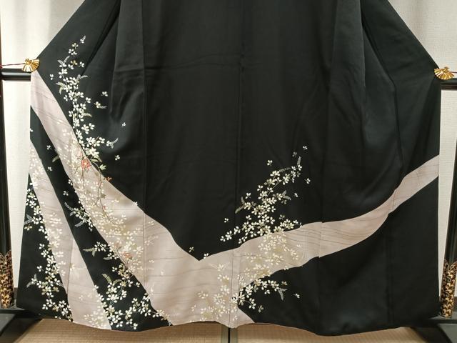 平和屋着物●訪問着 駒刺繍 枝花文 黒地 金糸 金銀彩 正絹 逸品 AABH4994fy