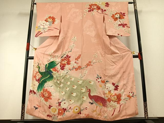 平和屋着物●アンティーク 大正ロマン 訪問着 刺繍 孔雀花文 金彩 正絹 逸品 AABH5033fy