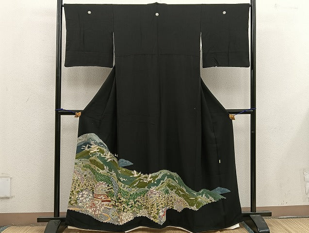 平和屋着物■豪華黒留袖 友禅 作家物 風景花鳥文 正絹 逸品 BAAX1481mz