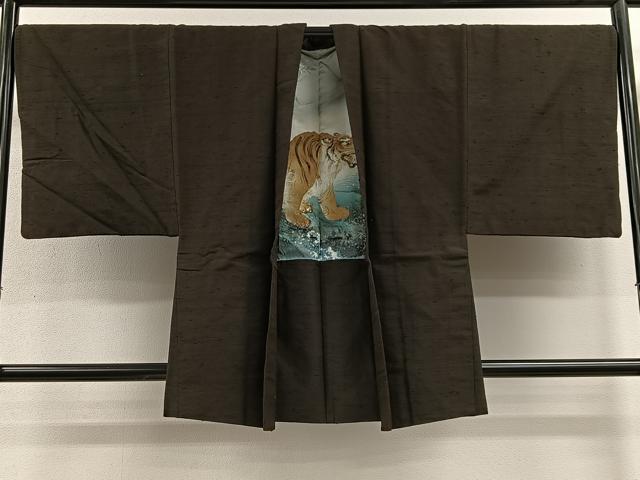 平和屋着物∞男性 羽織 紬地 赤墨色 正絹 逸品 CABE4969ua