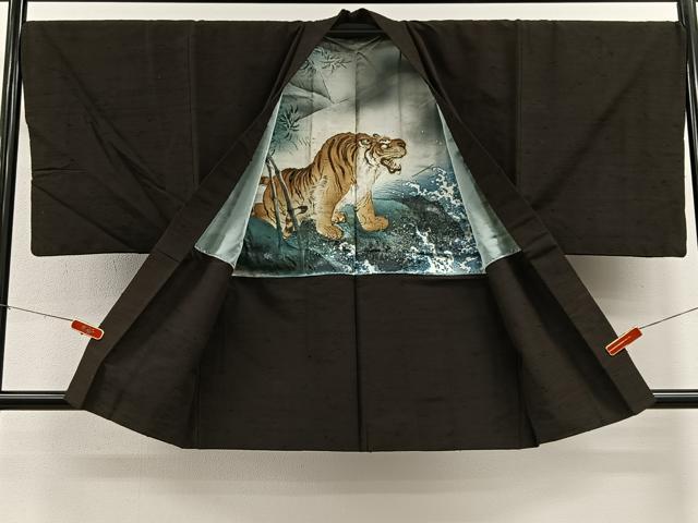 平和屋着物∞男性 羽織 紬地 赤墨色 正絹 逸品 CABE4969ua