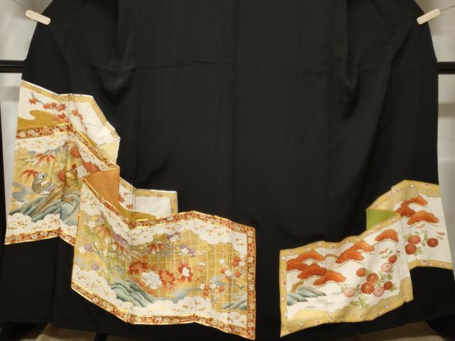 平和屋着物■豪華黒留袖 駒刺繍 屏風尾長鶏松竹梅花文 金彩 正絹 逸品 CABF3749ev