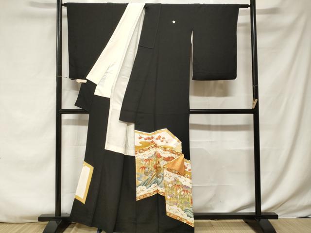 平和屋着物■豪華黒留袖 駒刺繍 屏風尾長鶏松竹梅花文 金彩 正絹 逸品 CABF3749ev