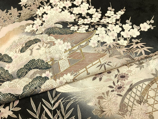 平和屋着物●訪問着 駒刺繍 松竹梅 風景文 暈し染め 金彩 正絹 逸品 AABH5037fy
