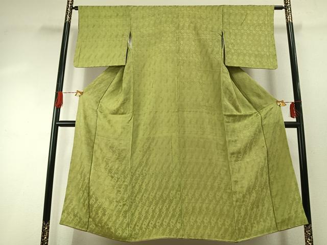 平和屋着物●上質な色無地 斜縞 草花地紋 抹茶色 正絹 逸品 AABH5062fy