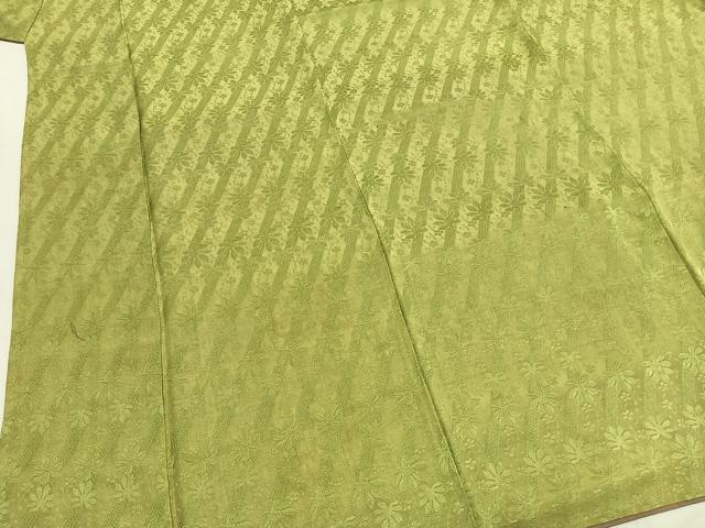 平和屋着物●上質な色無地 斜縞 草花地紋 抹茶色 正絹 逸品 AABH5062fy