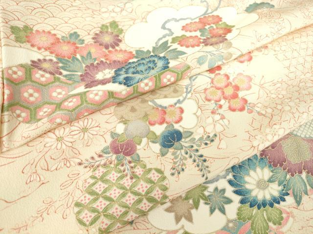 平和屋着物▽上質な小紋　単衣　雲取り七宝花文　金彩　正絹　逸品　DABE4195az 平和屋着物▽上質な小紋 単衣 雲取り七宝花文 金彩 正絹
