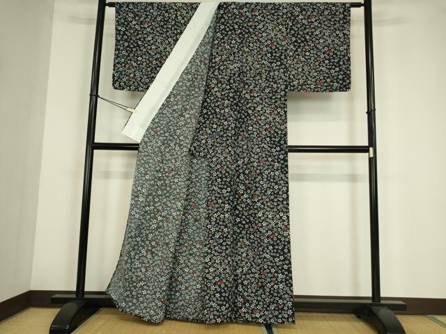 平和屋着物▽小紋 単衣 舞花文 黒地 洗える着物 DABE4229az