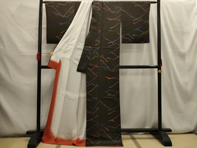平和屋着物■上質な小紋 若松葉 黒地 ロング丈 正絹 逸品 AABH6106sx