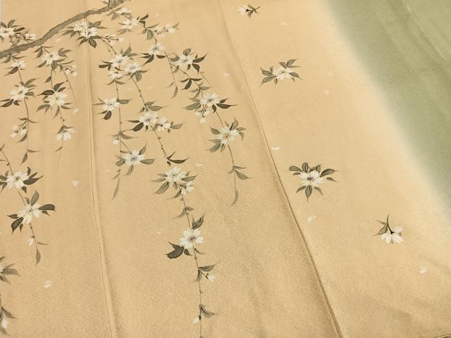 平和屋着物●訪問着 片身替わり 手描き 枝花文 暈し染め 正絹 逸品 未使用 AABH5121fy