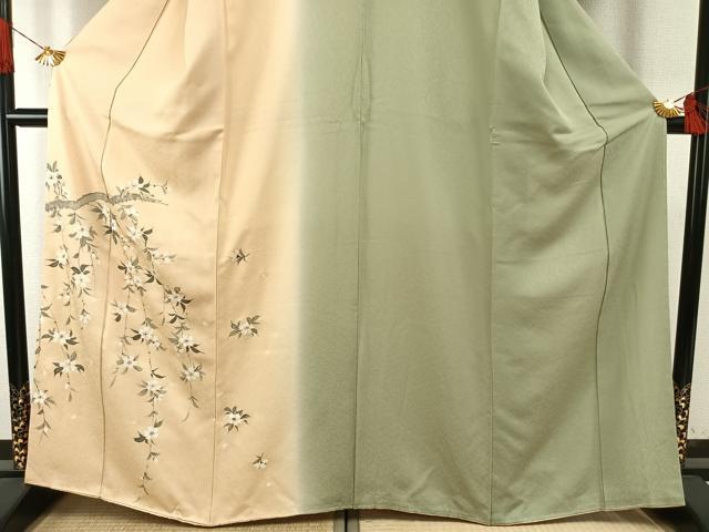 平和屋着物●訪問着 片身替わり 手描き 枝花文 暈し染め 正絹 逸品 未使用 AABH5121fy