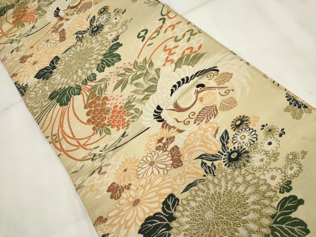 平和屋着物◎アンティーク 大正ロマン 丸帯 飛鶴花文 銀糸 正絹 逸品 AABH7896wj