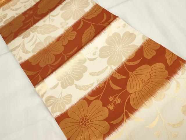平和屋着物◎九寸開き名古屋帯 横段花文 金糸 正絹 逸品 AABH7897wj