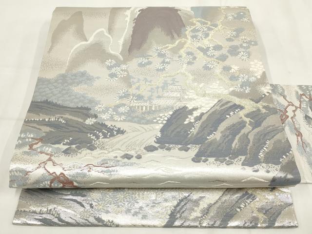 平和屋着物◎九寸名古屋帯 遠山風景文 金銀糸 正絹 逸品 AABH7890wj
