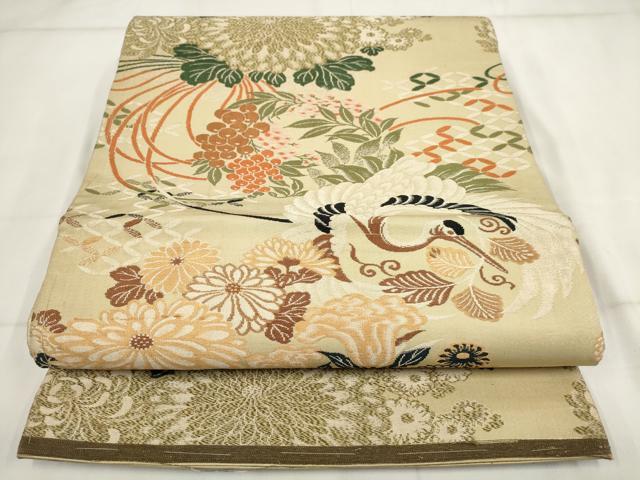 平和屋着物◎アンティーク 大正ロマン 丸帯 飛鶴花文 銀糸 正絹 逸品 AABH7896wj
