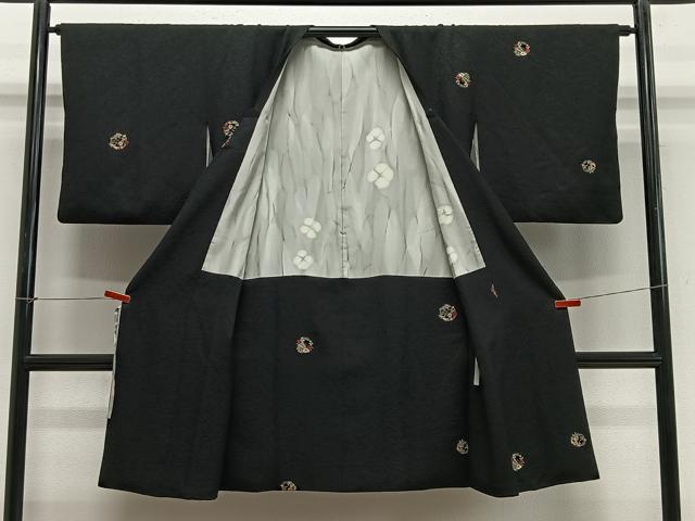 平和屋着物∞道行コート 総刺繍 檜扇花丸文 黒地 金糸 ロング丈 正絹 逸品 CABE5004ua