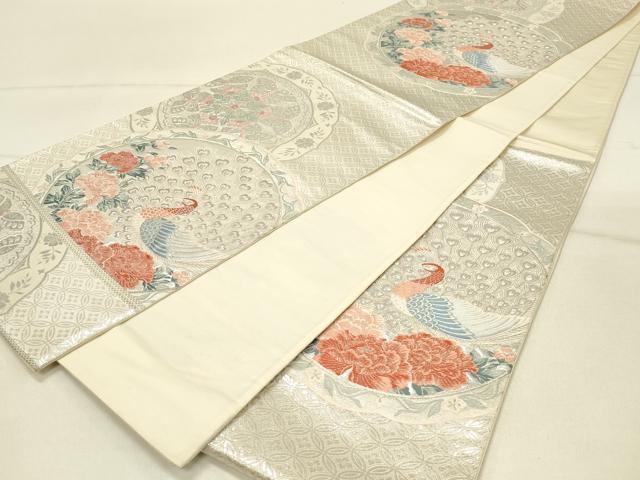 平和屋着物◎六通柄袋帯 唐織 九百錦 飾り皿孔雀文 銀糸 正絹 逸品 DABE3777qp