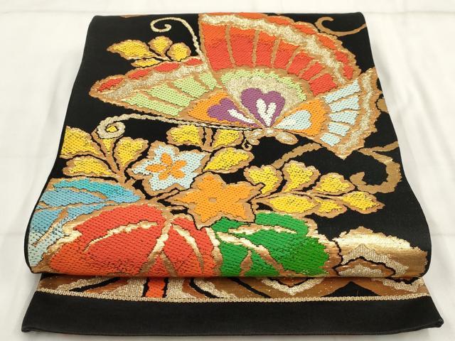 平和屋着物◎六通柄袋帯 唐織 花蝶文 黒地 金糸 正絹 逸品 AABH7962wj