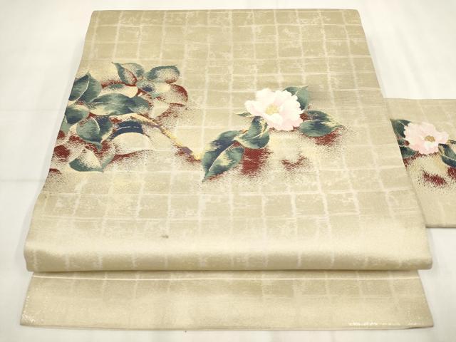 平和屋着物◎九寸名古屋帯 草花文 金糸 正絹 逸品 AABH7969wj