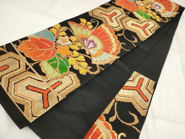 平和屋着物◎六通柄袋帯 唐織 花蝶文 黒地 金糸 正絹 逸品 AABH7962wj
