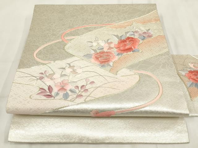 平和屋着物◎九寸名古屋帯 刺繍 草花文 金銀糸 正絹 逸品 AABH7954wj