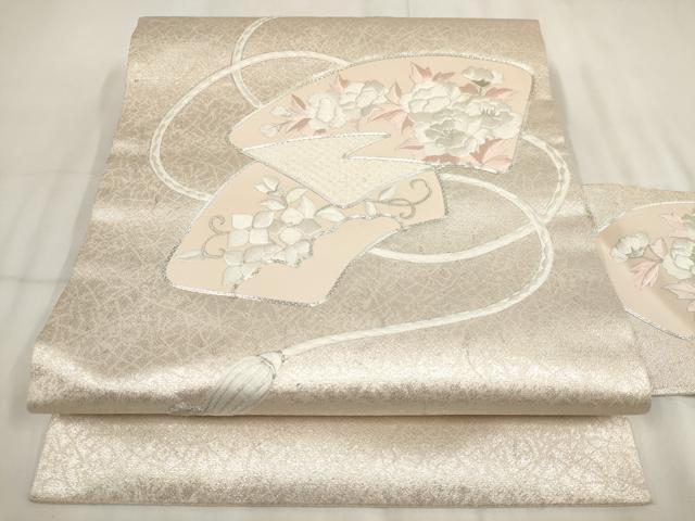 平和屋着物◎九寸名古屋帯 刺繍 地紙草花文 銀糸 正絹 逸品 AABH7990wj