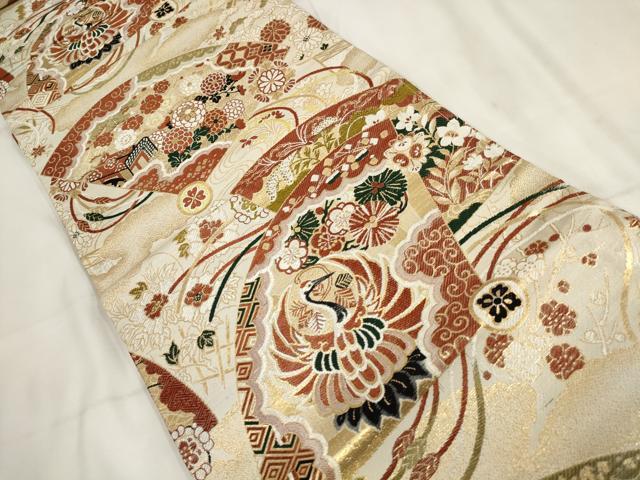平和屋着物◎アンティーク 大正ロマン 丸帯 扇面飛鶴花文 金銀糸 正絹 逸品 AABH7986wj