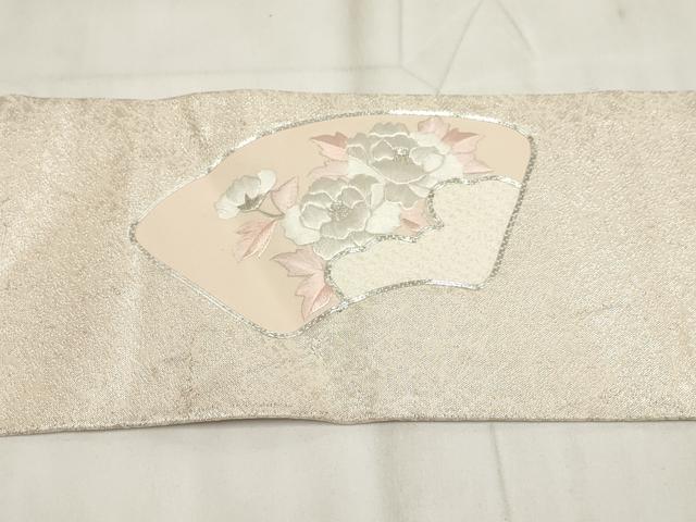 平和屋着物◎九寸名古屋帯 刺繍 地紙草花文 銀糸 正絹 逸品 AABH7990wj