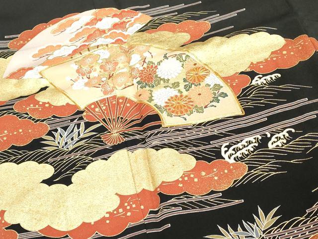 平和屋着物■豪華黒留袖 駒刺繍 扇面花文 金彩 正絹 逸品 DABE7681cd