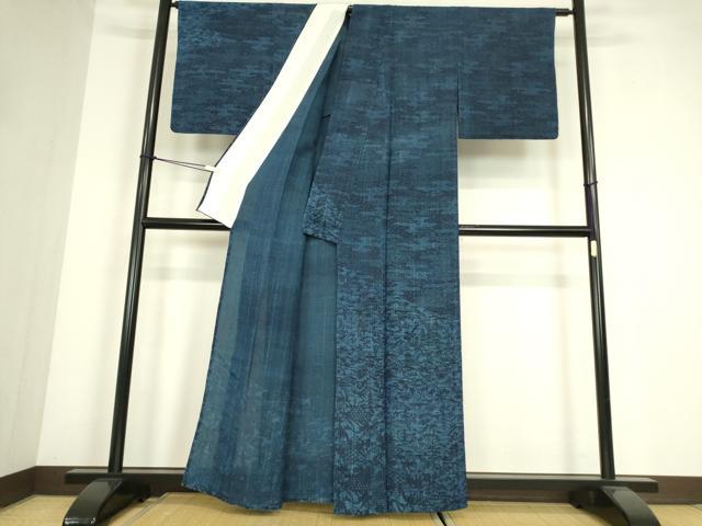 平和屋着物*夏物 訪問着 紬地 作家物 藍 型染 水辺風景花文 正絹 逸品 DABE4358az