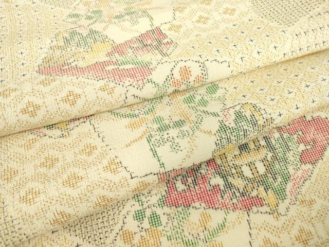 平和屋着物▽本塩沢 単衣 切嵌め地花文様 正絹 逸品 DABE4378az