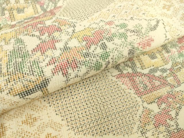 平和屋着物▽本塩沢 単衣 切嵌め地花文様 正絹 逸品 DABE4378az