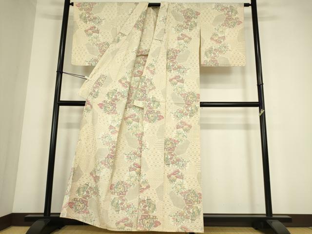 平和屋着物▽本塩沢 単衣 切嵌め地花文様 正絹 逸品 DABE4378az