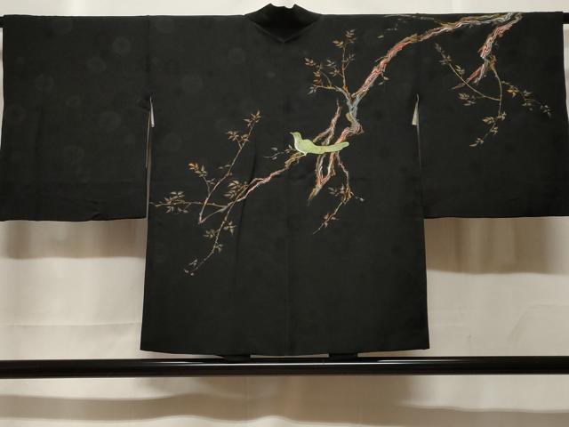 平和屋着物#羽織 休み鳥枝葉文 暈し染め 黒地 金彩 正絹 逸品 CABF3965ev