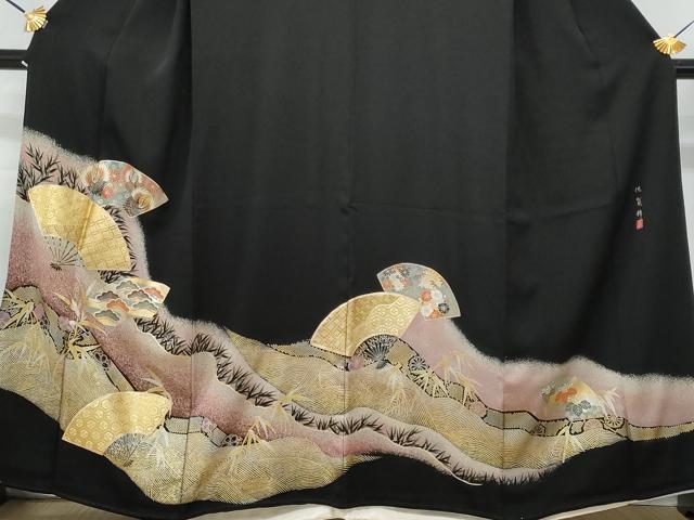 平和屋着物■豪華黒留袖 佐賀錦 作家物 駒刺繍 道長扇面地紙鶴花文 金銀彩 正絹 逸品 CABF6812fb