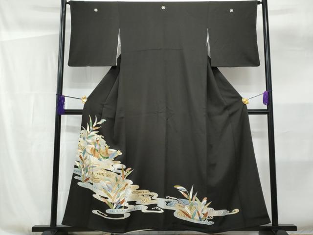平和屋着物■豪華黒留袖 刺繍 流水鴛鴦枝葉文 金彩 正絹 逸品 CABF6845fb